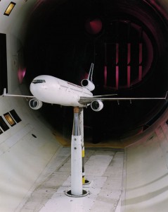 Model of an airplane in an aerospace wind tunnel, wind tunnels