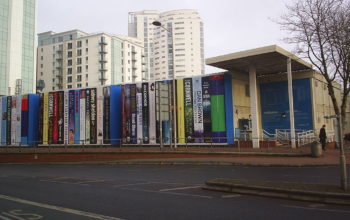 The temporary building used by the Cardiff Library while its main building was under construction. It was cleverly designed to look like a shelf of books.